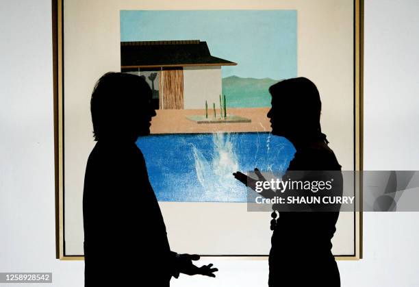 Art enthusiasts enjoy a painting by British artist David Hockney entitled 'Splash' at Sotheby's auction house in London, 18 May 2006. The painting,...