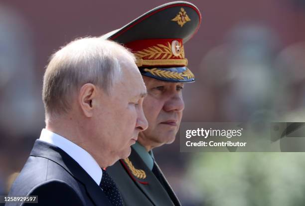 Russian President Vladimir Putin and Defense Minister Sergei Shoigu attend a ceremony, marking the Day of Remembrance and Sorrow, June 22, 2023 in...