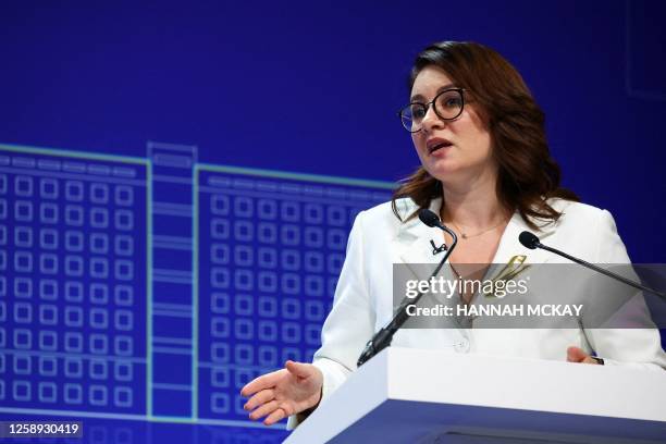 Ukraine's Economy Minister and First Deputy Prime Minister Yulia Svyrydenko speaks during the "Accelerating humanitarian mine action in Ukraine as a...