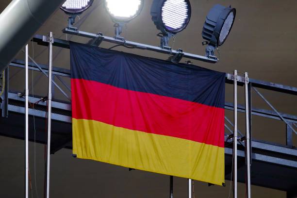 Flag of Germany during the friendly international match between Germany and Colombia at Veltins-Arena on June 20, 2023 in Gelsenkirchen, Germany. AP...