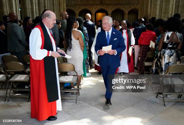 King Charles III following a service at St George's Chapel, Windsor Castle for young people, to recognise and celebrate the Windrush 75th Anniversary...