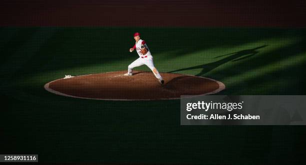 Anaheim, CA Angels starting pitcher Shohei Ohtani delivers a pitch in the third inning against the Dodgers at Angel Stadium in Anaheim Wednesday,...