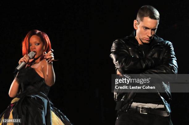 Singer Rihanna and rapper Eminem perform onstage during The 53rd Annual GRAMMY Awards held at Staples Center on February 13, 2011 in Los Angeles,...