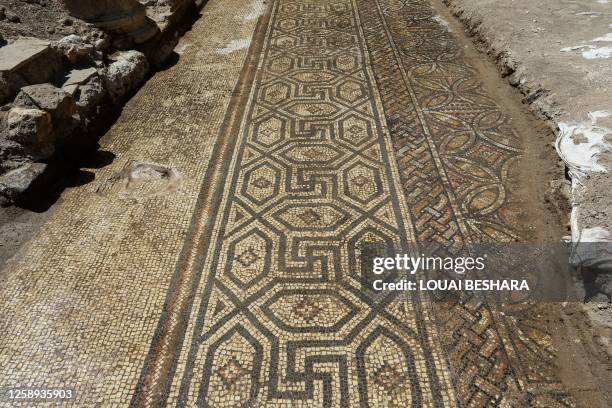 This picture shows a newly unearthed scene, in an area covered in mosaic that was discovered in October 2022, in the city of al-Rastan in Syria's...