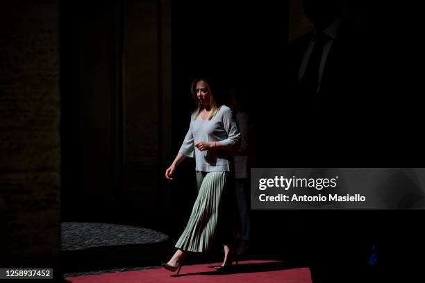 Italian Prime Minister Giorgia Meloni meets European Parliament President Roberta Metsola at Palazzo Chigi on June 22, 2023 in Rome, Italy.