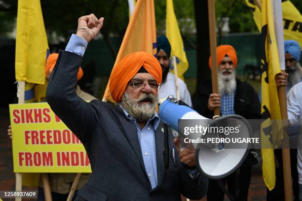 Members of the Sikh community protest the visit of India's Prime Minister Narendra Modi, in front of the White House in Washington, DC, on June 22,...