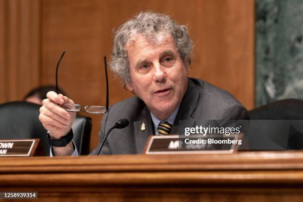 Senator Sherrod Brown, a Democrat from Ohio and chairman of the Senate Banking, Housing and Urban Affairs Committee, during a hearing in Washington,...
