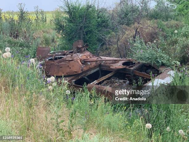 Tank destroyed during heavy fighting on the release of Kherson is seen at Pravdyne Village in Kherson, Ukraine on June 22, 2023.