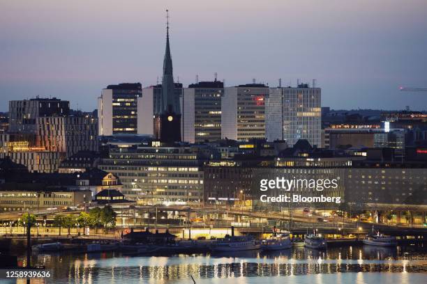 The city skyline from the Skinnarviksberget viewpoint at midnight in Stockholm, Sweden, on Thursday, June 15, 2023. When Stockholm's tunnel project...