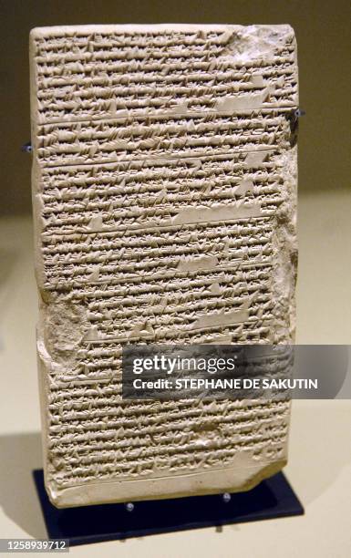 Clay tablet known as the "Esagil tablet" is presented in the exhibition "Babylon", on March 10 at the Musee du Louvre in Paris. The exhibition, which...