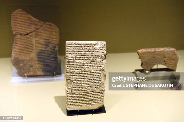 Clay tablets known as the "Esagil tablet" are presented in the exhibition "Babylon", on March 10 at the Musee du Louvre in Paris. The exhibition,...