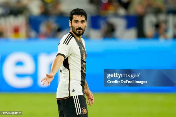 Ilkay Guendogan of Germany gestures during the international friendly match between Germany and Colombia at Veltins-Arena on June 20, 2023 in...