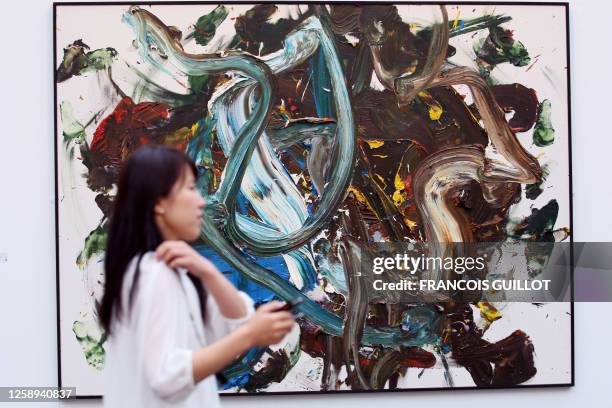 Visitor walks past an oil on canvas, "Dance of the Two Headed Dragon" by Kazuo Shiraga, 17 October 2007 at the Grand Palais galleries in Paris,...