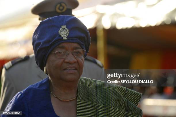 Liberian President Ellen Johnson Sirleaf attends the World Festival of Black Arts and Culture in Dakar on December 14, 2010 held at the Monument of...