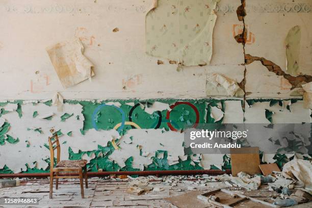 View of the destroyed school building that was used as a base by Russians in Dovhenke Village of Kharkiv, Ukraine on June 22, 2023. Dovhenke, a...