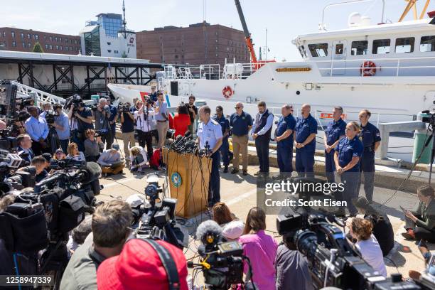 Rear Adm. John Mauger, the First Coast Guard District commander, gives an update on the search efforts for five people aboard a missing submersible...