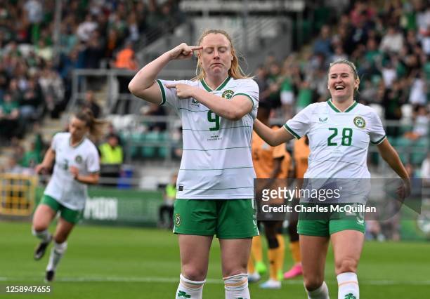 Amber Barrett of Republic of Ireland celebrates after she scores a penalty during the women's international football friendly game between Republic...