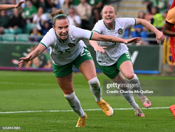 Claire O'Riordan of Republic of Ireland celebrates after scoring during the women's international football friendly game between Republic of Ireland...