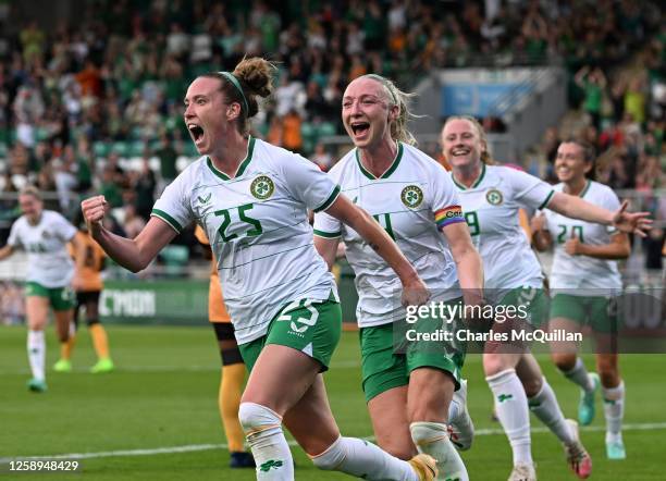 Claire O'Riordan of Republic of Ireland celebrates after scoring during the women's international football friendly game between Republic of Ireland...