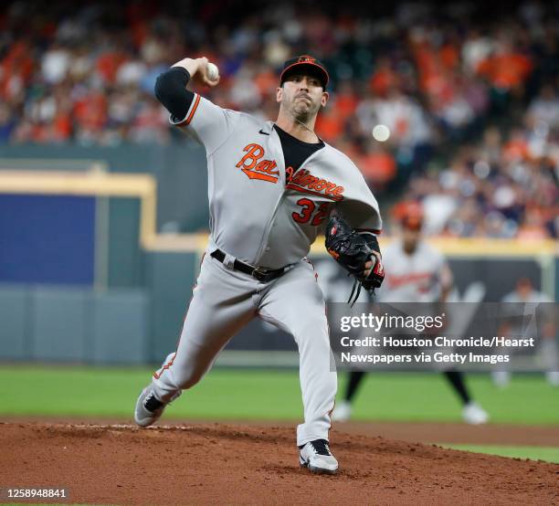 Baltimore Orioles starting pitcher Matt Harvey pitches during the first inning of an MLB baseball game at Minute Maid Park, Wednesday, June 30 in...