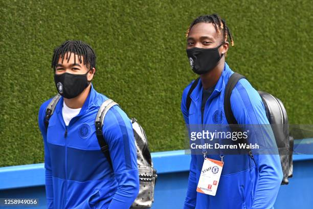 Reece James and Tammy Abraham of Chelsea arrive at the stadium prior to the Premier League match between Chelsea FC and Wolverhampton Wanderers at...