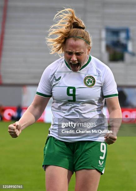 Amber Barrett of Republic of Ireland celebrates after she scoring her sides third goal during the women's international football friendly game...