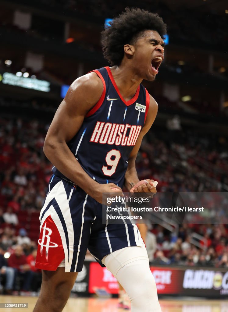 Houston Rockets guard Josh Christopher reacts after he was called for ...