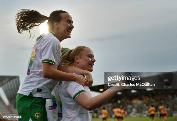 Amber Barrett of Republic of Ireland celebrates with her team mates after she scoring her second goal during the women's international football...