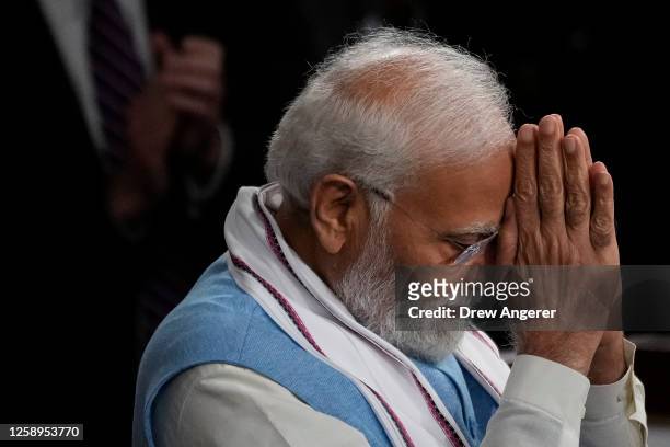Indian Prime Minister Narendra Modi concludes his remarks to a joint session of Congress at the Capitol on June 22, 2023 in Washington, DC. Modi is...