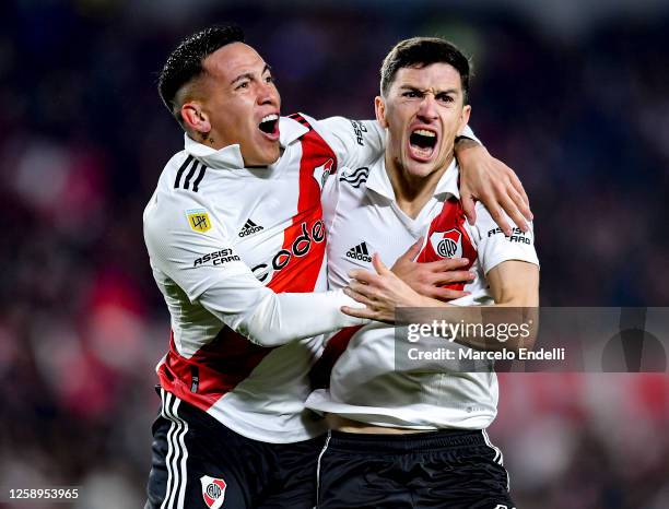 Ignacio Fernandez of River Plate celebrates with teammate Esequiel Barco after scoring the team's second goal during a match between River Plate and...
