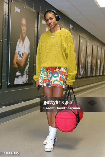 Tiffany Hayes of the Connecticut Sun arrives at the arena before the game against the Minnesota Lynx on June 22, 2023 at Target Center in...