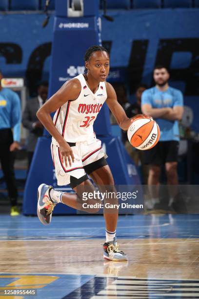 Shatori Walker-Kimbrough of the Washington Mystics dribbles the ball during the game against the Chicago Sky on June 22, 2023 at the Wintrust Arena...