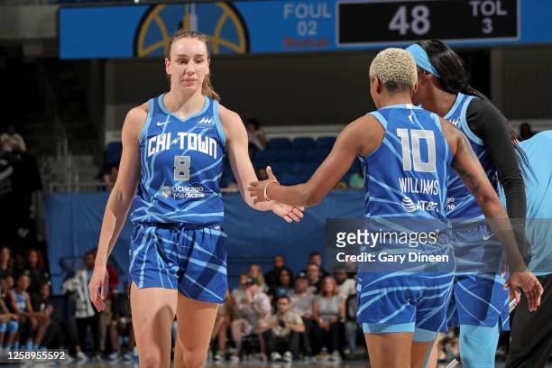 Alanna Smith and Courtney Williams of the Chicago Sky high five during the game against the Washington Mystics on June 22, 2023 at the Wintrust Arena...