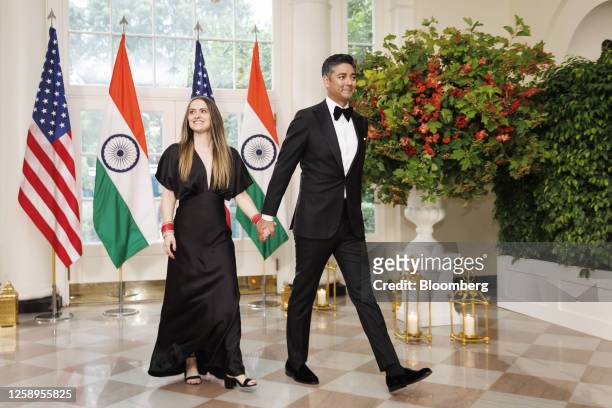Aftab Pureval, mayor of Cincinnati, right, and Whitney Whitis arrive to attend a state dinner in honor of Indian Prime Minister Narendra Modi hosted...