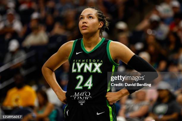 Napheesa Collier of the Minnesota Lynx looks on against the Connecticut Sun in the second quarter at Target Center on June 22, 2023 in Minneapolis,...