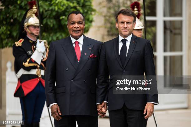 Emmanuel Macron is receiving Congo President Denis Sassou Nguesso at the Elysee Palace in Paris, France, on June 22, 2023.