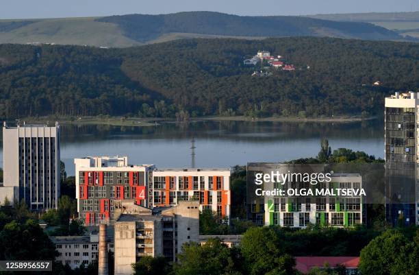 This photograph taken on June 19, 2023 shows a general view of Simferopol water reservoir on the Crimean Peninsula. The Kakhovka dam creates a...