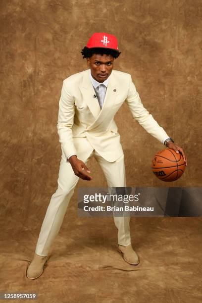 Amen Thompson poses for a portrait after being drafted number four overall by the Houston Rockets during the 2023 NBA Draft on June 22, 2023 at...