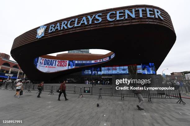 An exterior view of the Barclays Center before the 2023 NBA Draft on June 22, 2023 at Barclays Center in Brooklyn, New York. NOTE TO USER: User...