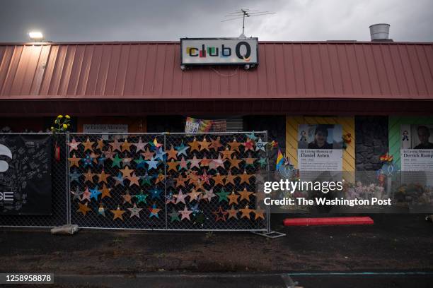 Memorials for victims of the shooting, seen at Club Q in Colorado Springs, United States on June 11, 2023.