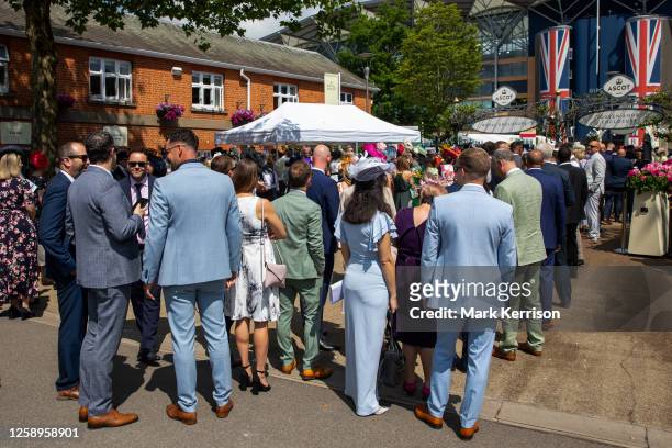 Racegoers queue for security checks outside Royal Ascot on Gold Cup Day on 22 June 2023 in Ascot, United Kingdom. Many spectators for Gold Cup Day,...