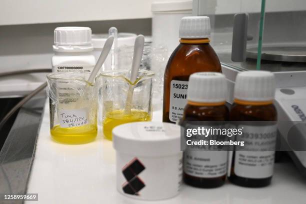 Samples of tuna flavorings at the Archer-Daniels-Midland Co. Innovation Food Lab in Manchester, UK, on Tuesday June 7, 2023. ADM expects the...