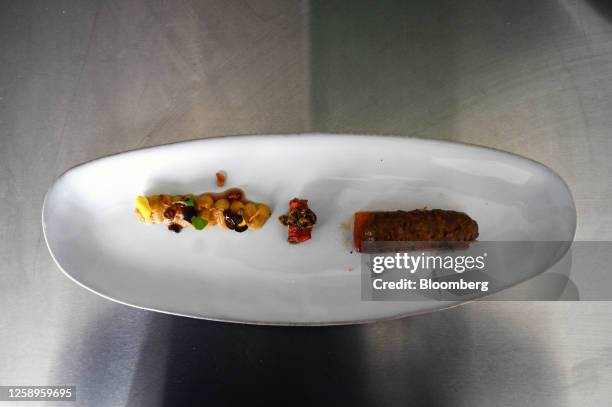 Plate of a plant-based lamb kebab dish during a tasting session at the Archer-Daniels-Midland Co. Innovation Food Lab in Manchester, UK, on Tuesday...