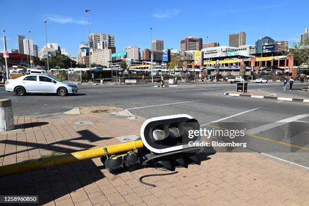 Fallen traffic light at a road junction in the central business district of Johannesburg, South Africa, on Tuesday, May 23, 2023. Africa's richest...