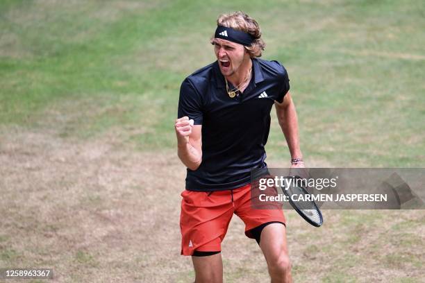 Germany's Alexander Zverev reacts as he plays against Chile's Nicolas Jarry during the men's singles quarter-final tennis match during the ATP 500...