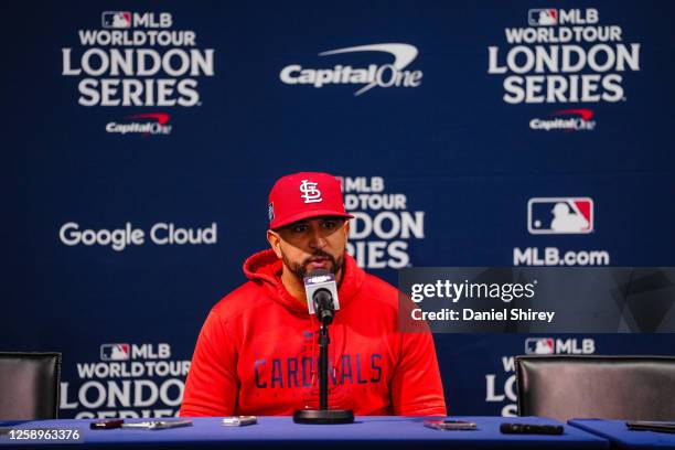 Manager Oliver Marmol of the St. Louis Cardinals in a press interview during the 2023 London Series Workout Day at London Stadium on Friday, June 23,...