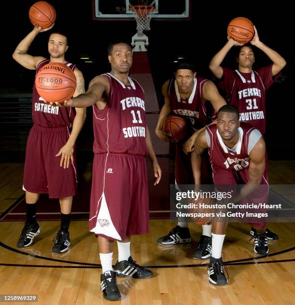 Texas Southern basketball players, from left: Leonta Matthews , Dominique White , Jacques Jones , Chris Moore , , and Sollie Norwood , pose for a...