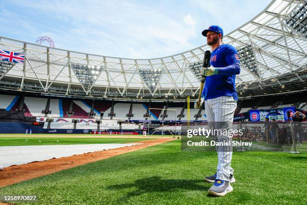 Ian Happ of the Chicago Cubs in batting practice during the 2023 London Series Workout Day between the Chicago Cubs and the St. Louis Cardinals at...