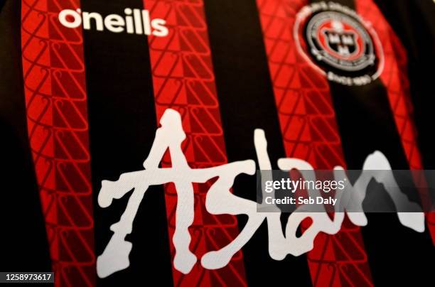 Dublin , Ireland - 23 June 2023; A detailed view of the Bohemian FC jersey, paying tribute to the late Christy Dignam, singer with Irish band Aslan,...