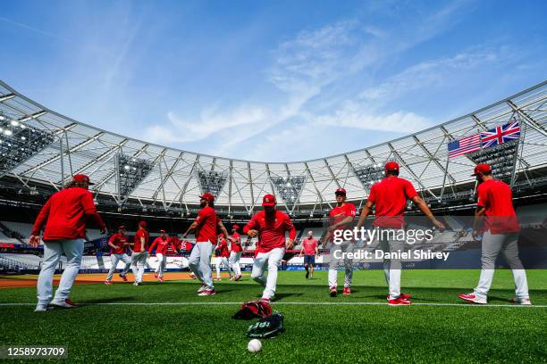 St. Louis Cardinal players warm up during the 2023 London Series Workout Day at London Stadium on Friday, June 23, 2023 in London, England.